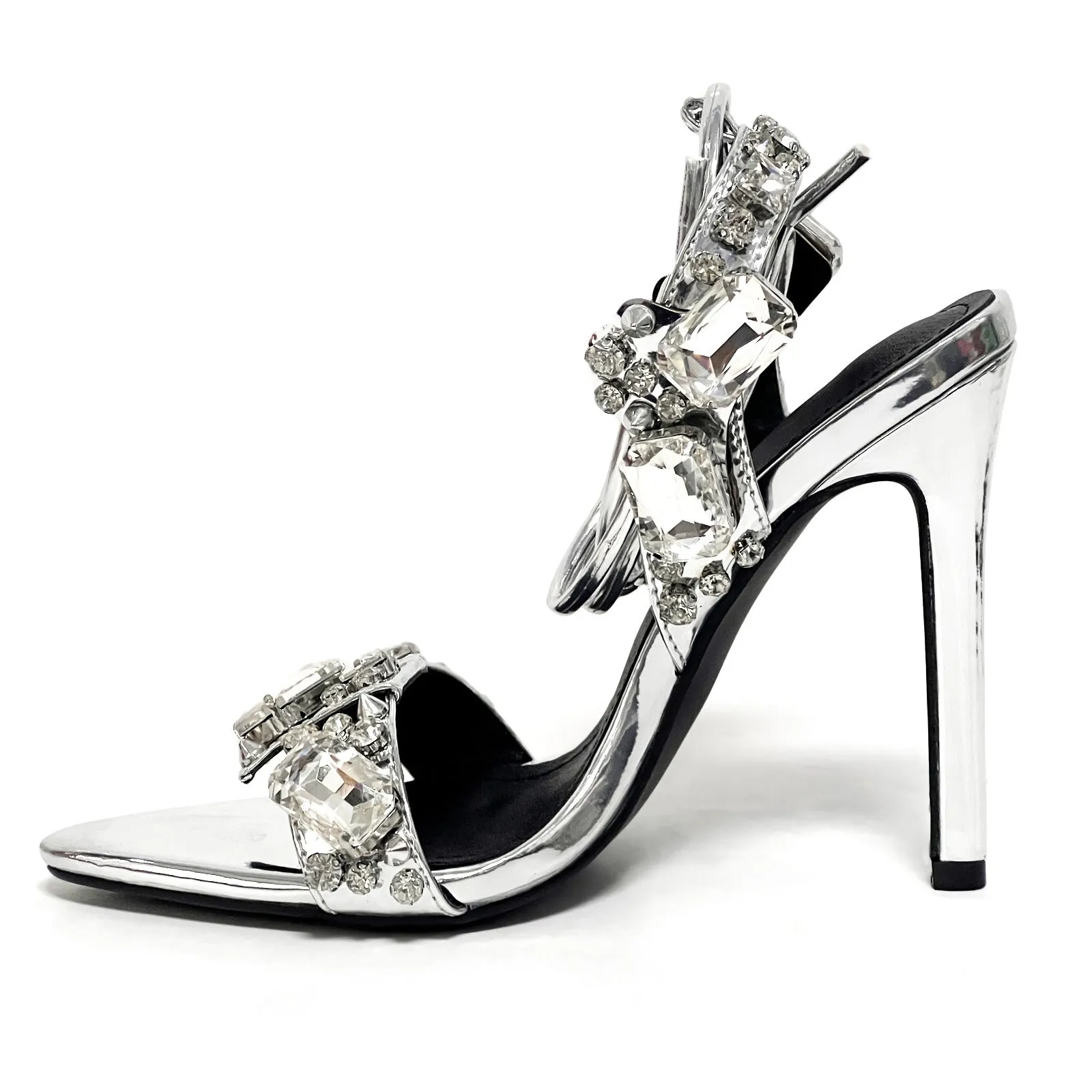 11cm Pointed Gold Rivet Rhinestone Stiletto Heels Summer Sandals Shoes