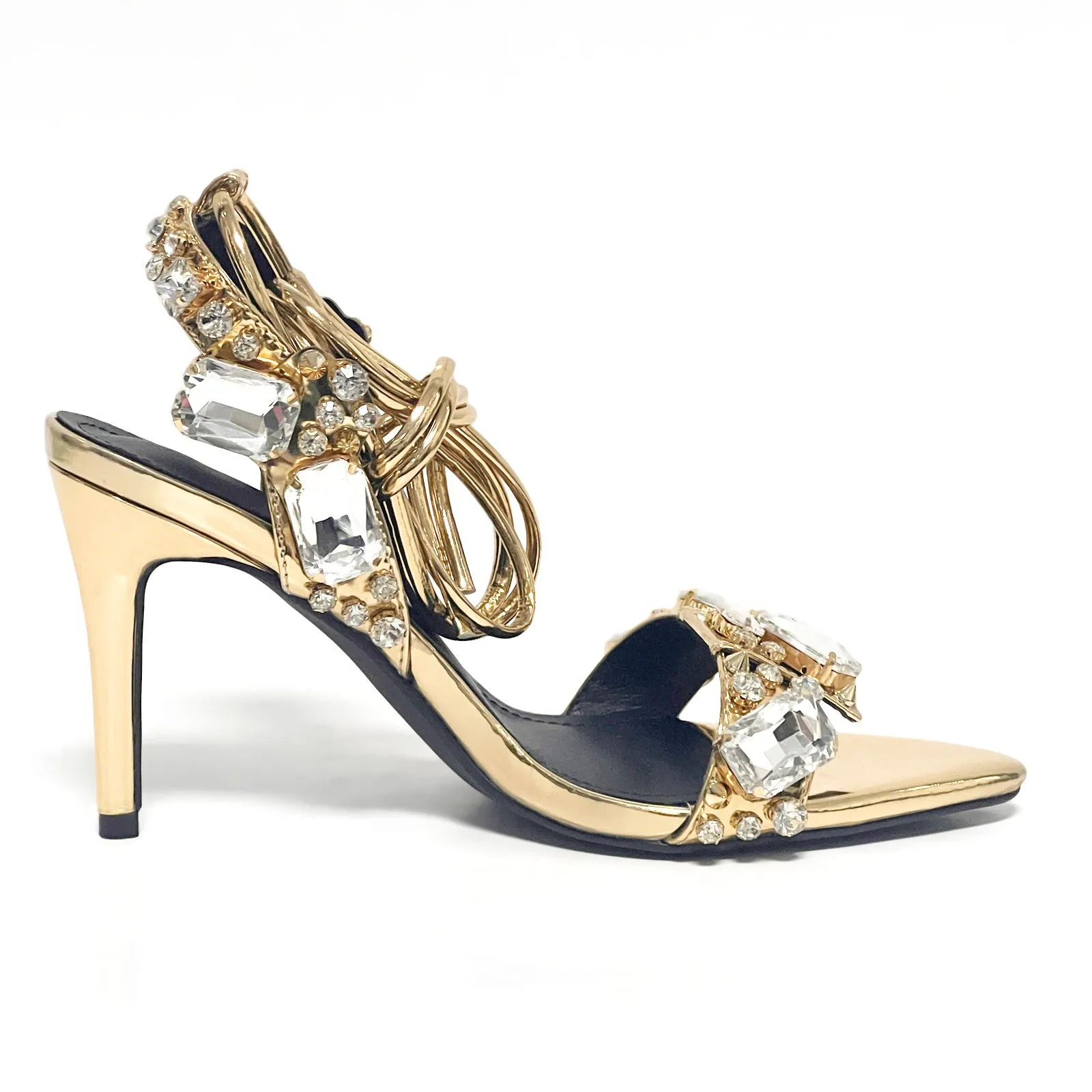 11cm Pointed Gold Rivet Rhinestone Stiletto Heels Summer Sandals Shoes