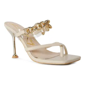 Beige Diamante Strap Heeled Sandals