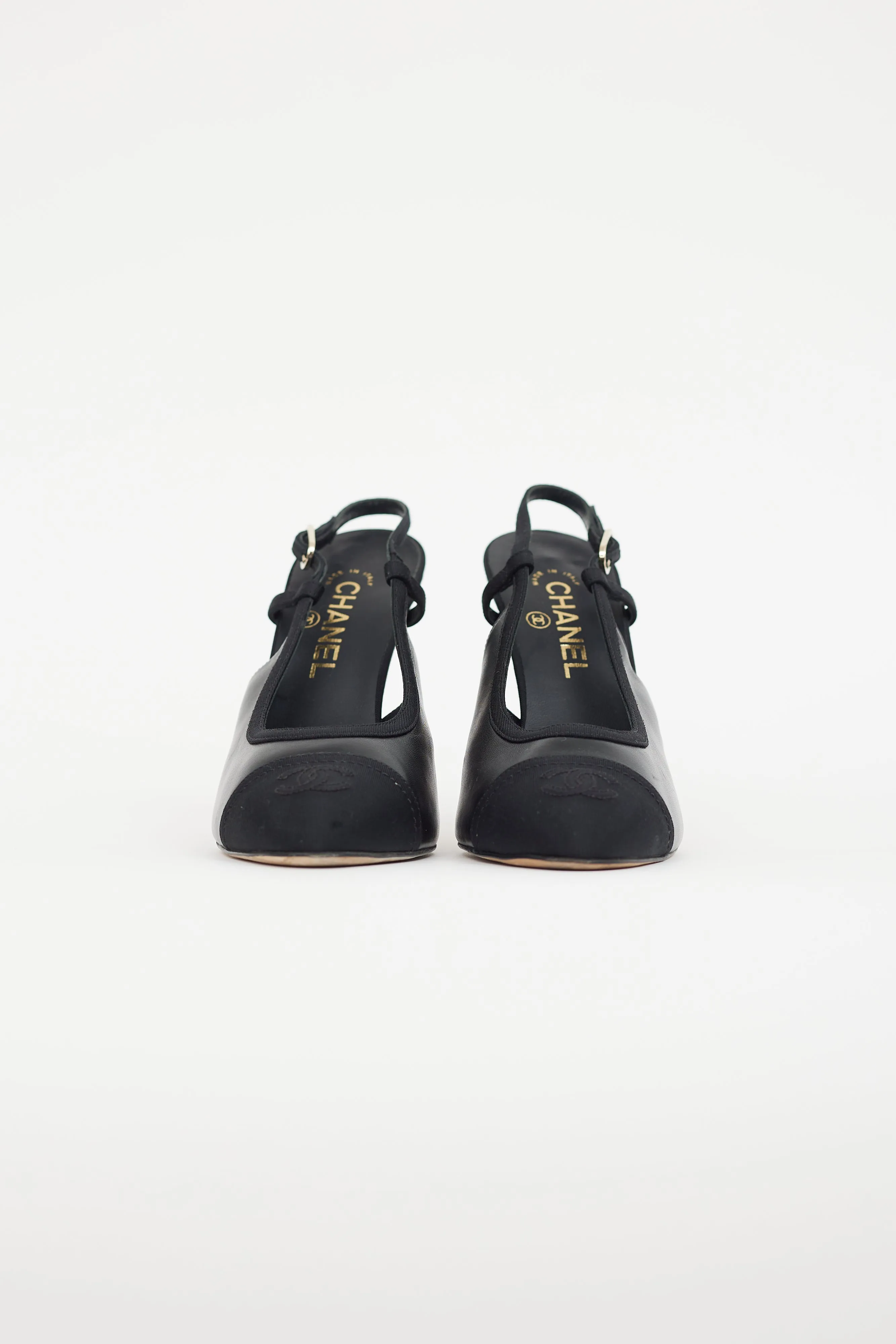 Black Leather Logo CC Slingback Heel