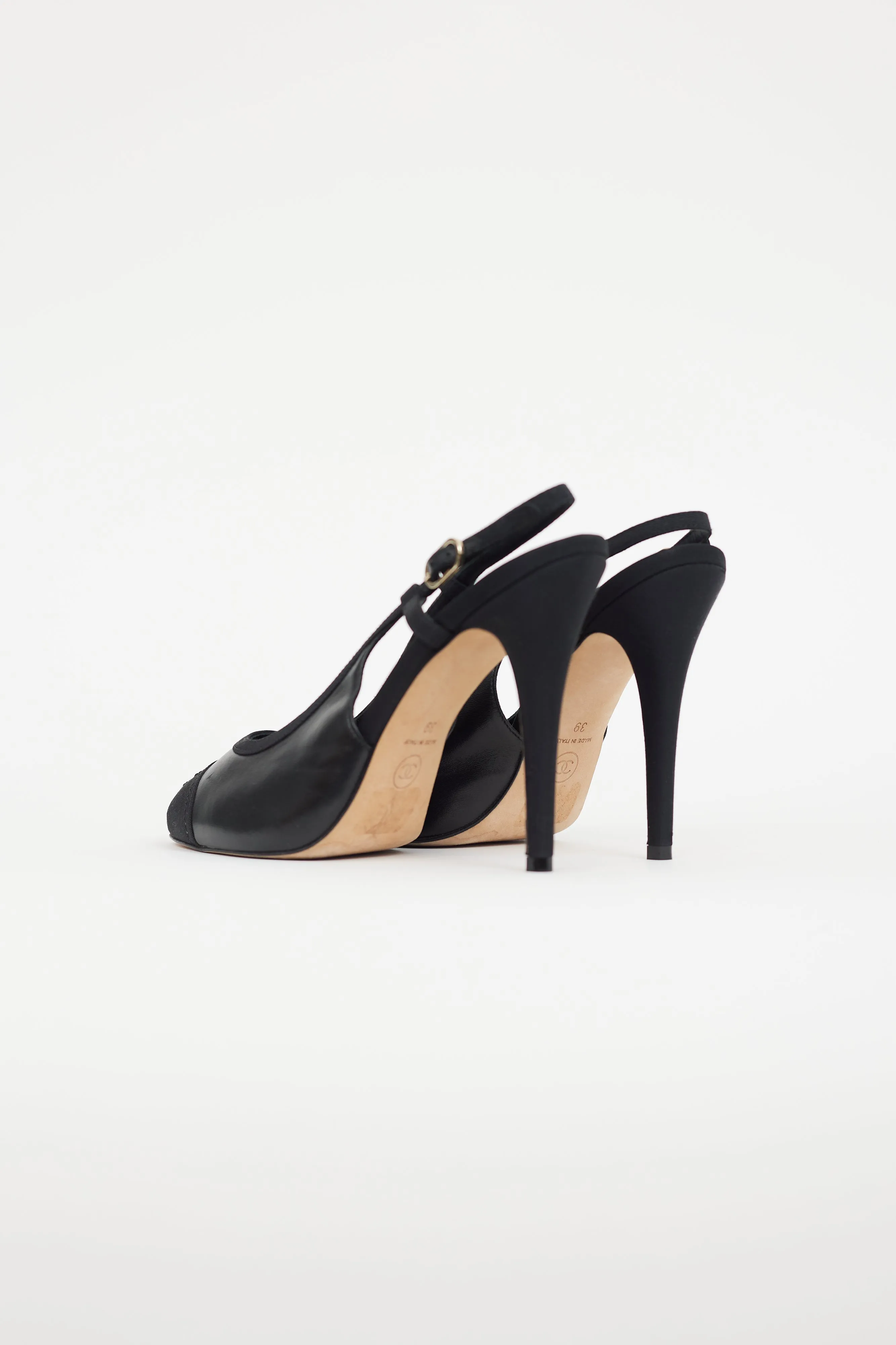 Black Leather Logo CC Slingback Heel