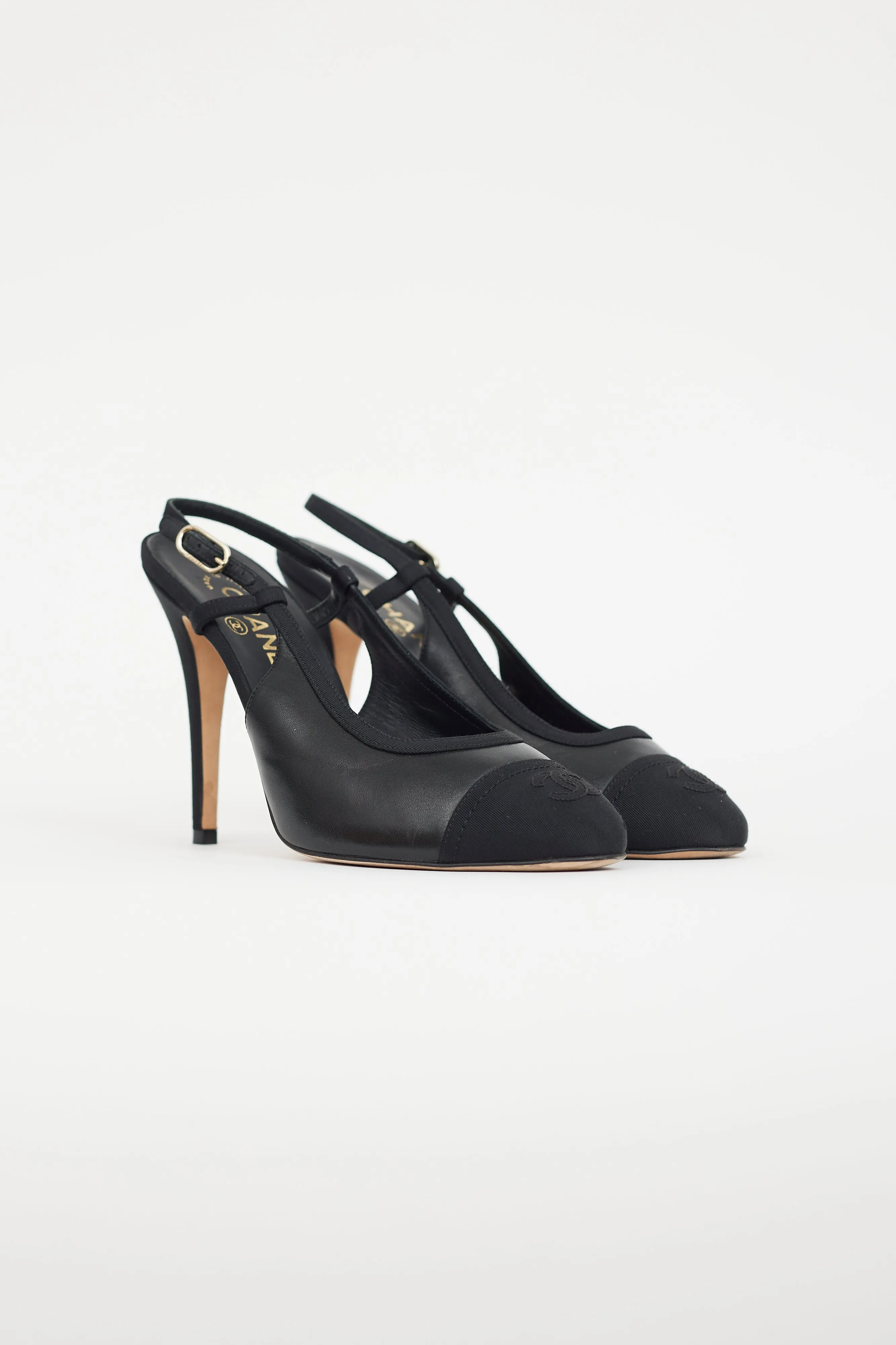Black Leather Logo CC Slingback Heel