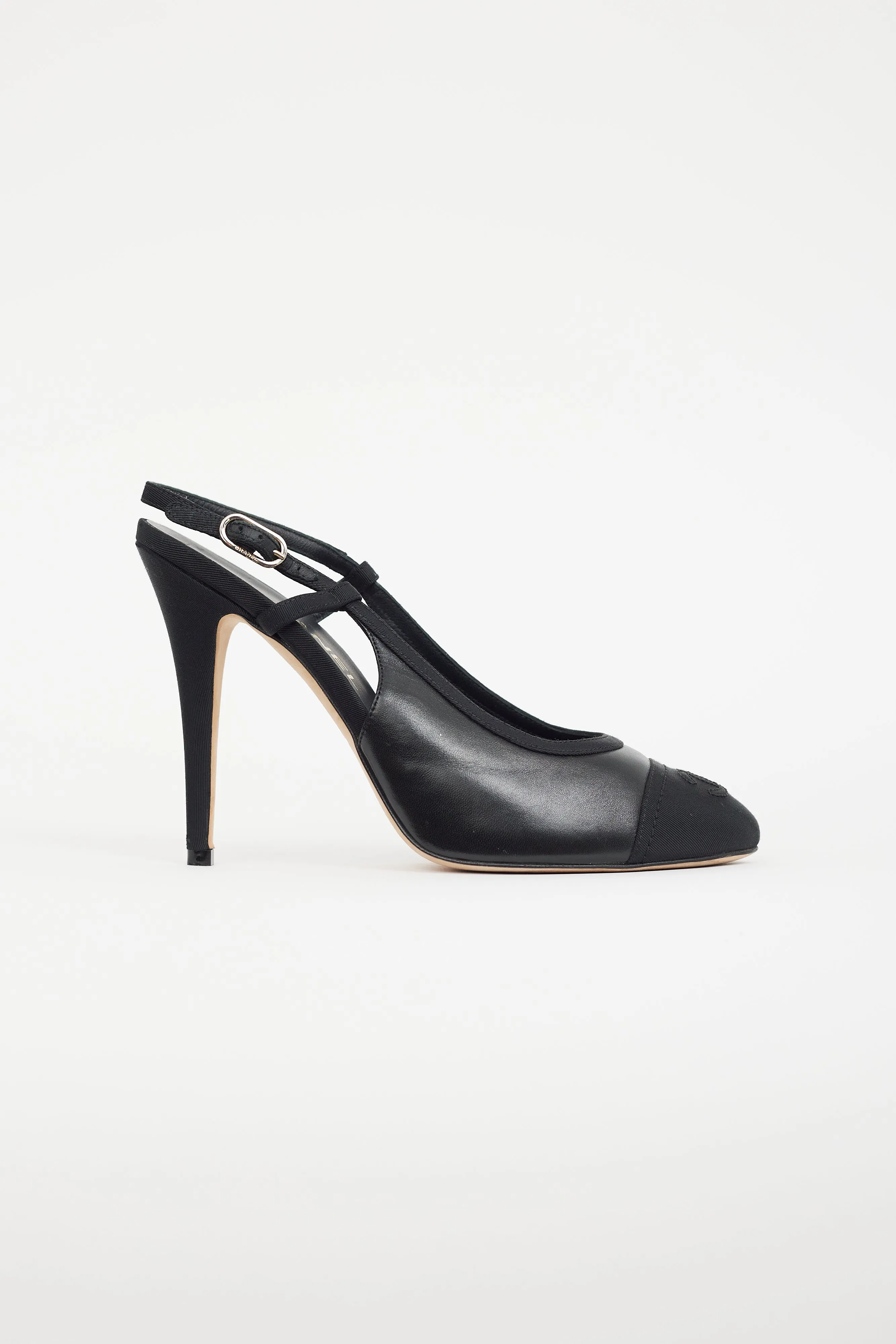 Black Leather Logo CC Slingback Heel