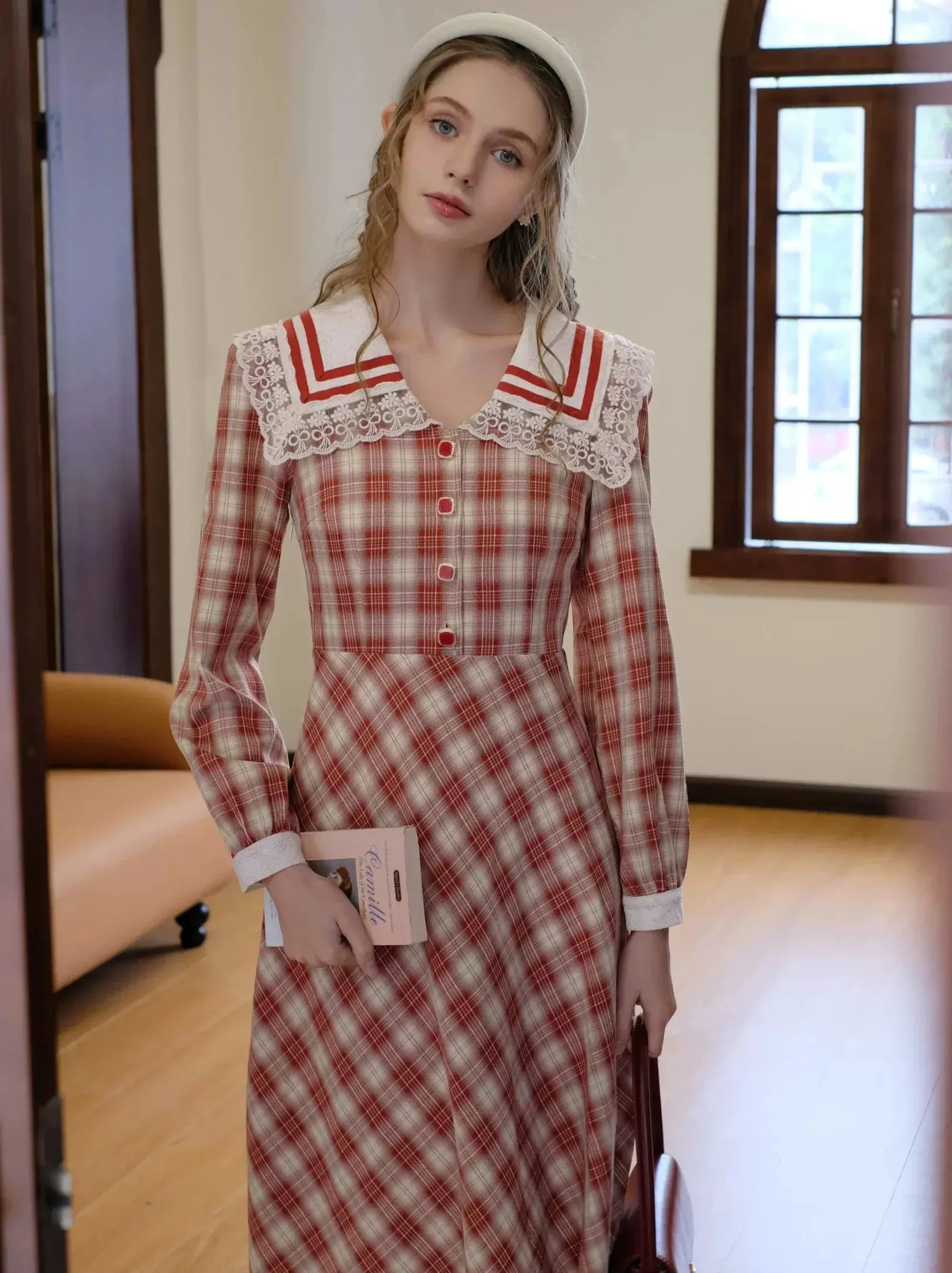 Check Collar Retro Sailor French Dress
