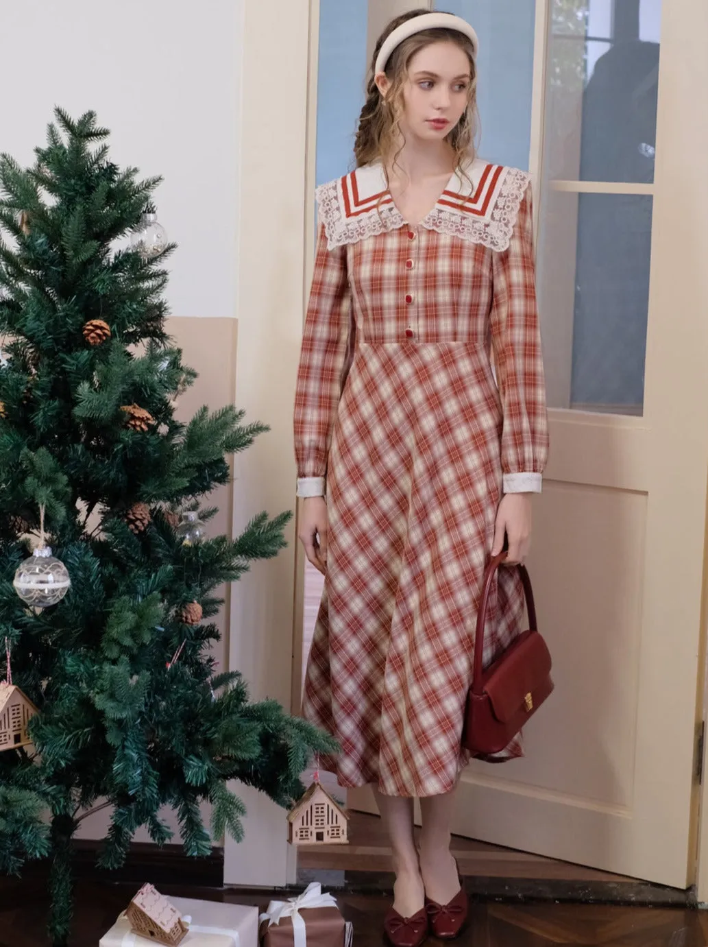 Check Collar Retro Sailor French Dress