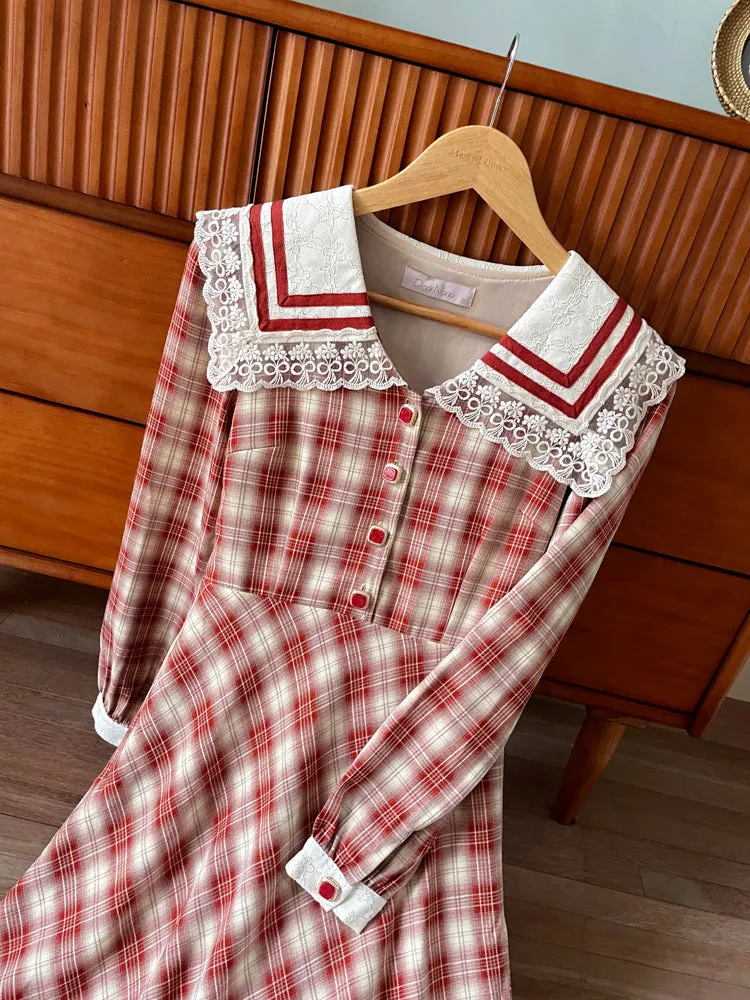 Check Collar Retro Sailor French Dress