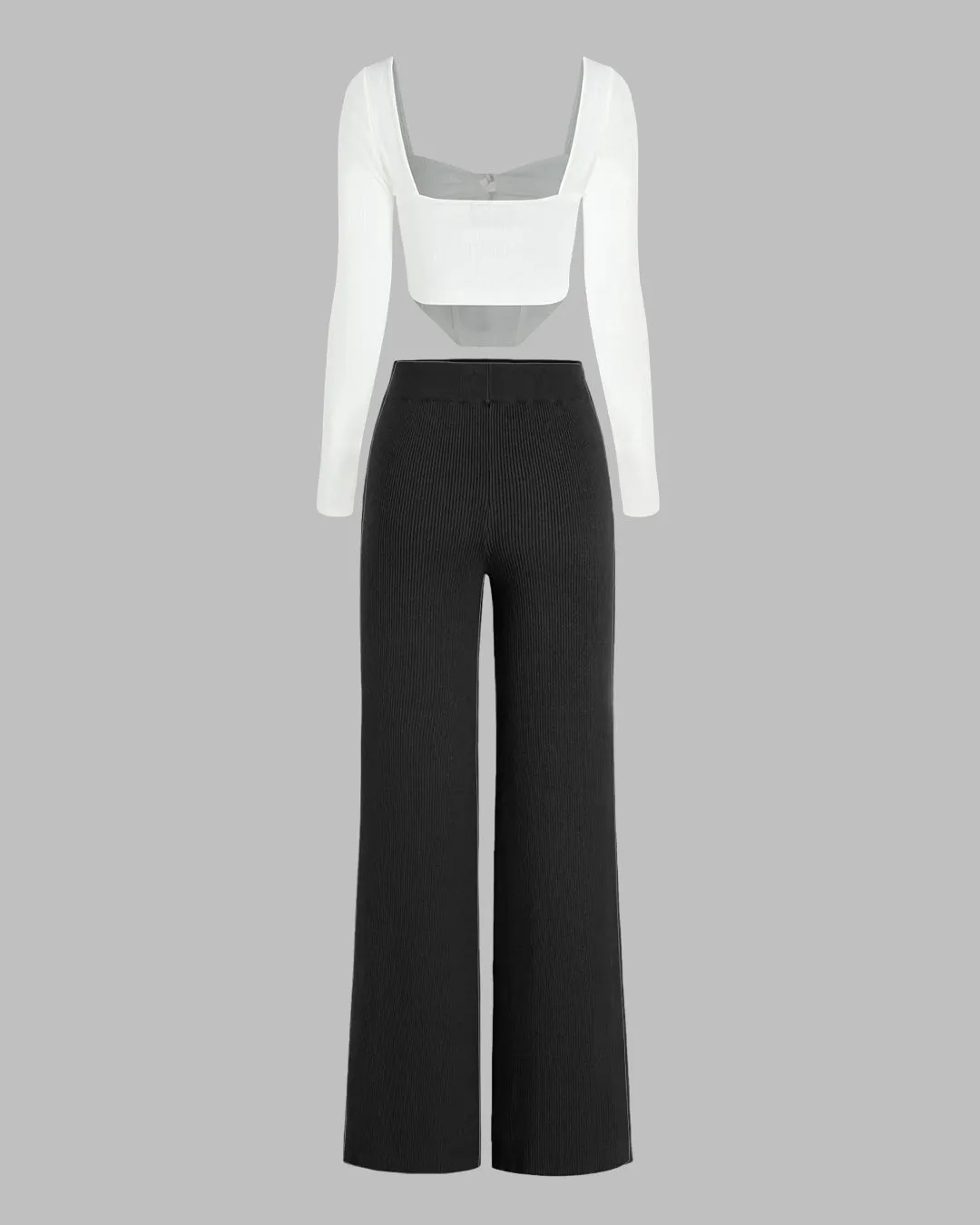 Corset Style Tie Around White Ribbed Full Sleeve Top With Black Trouser