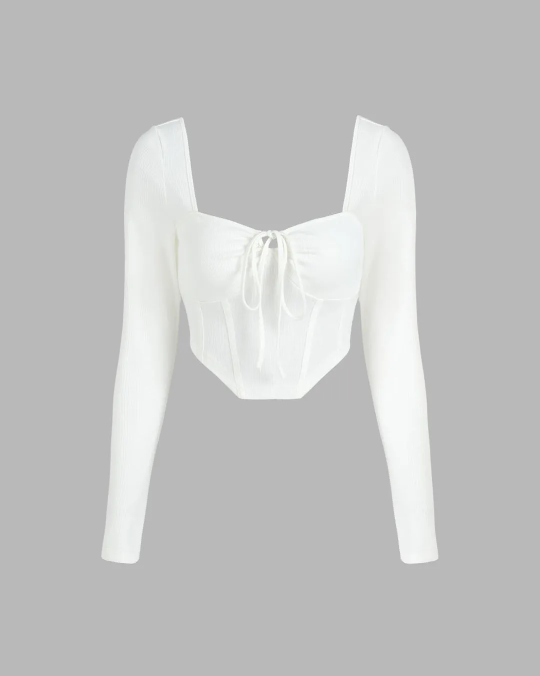 Corset Style Tie Around White Ribbed Full Sleeve Top With Black Trouser