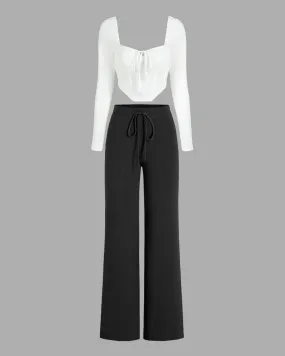 Corset Style Tie Around White Ribbed Full Sleeve Top With Black Trouser