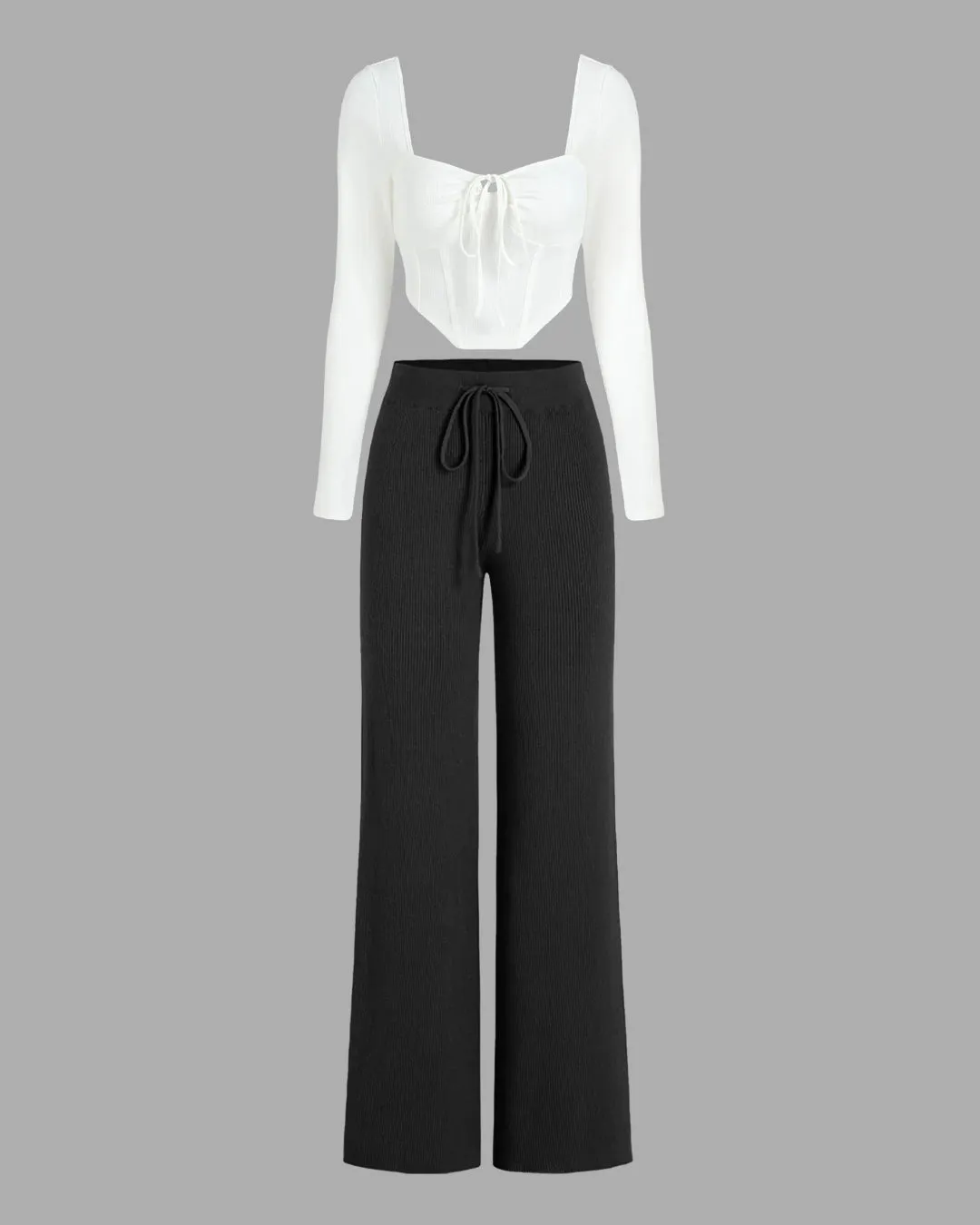 Corset Style Tie Around White Ribbed Full Sleeve Top With Black Trouser