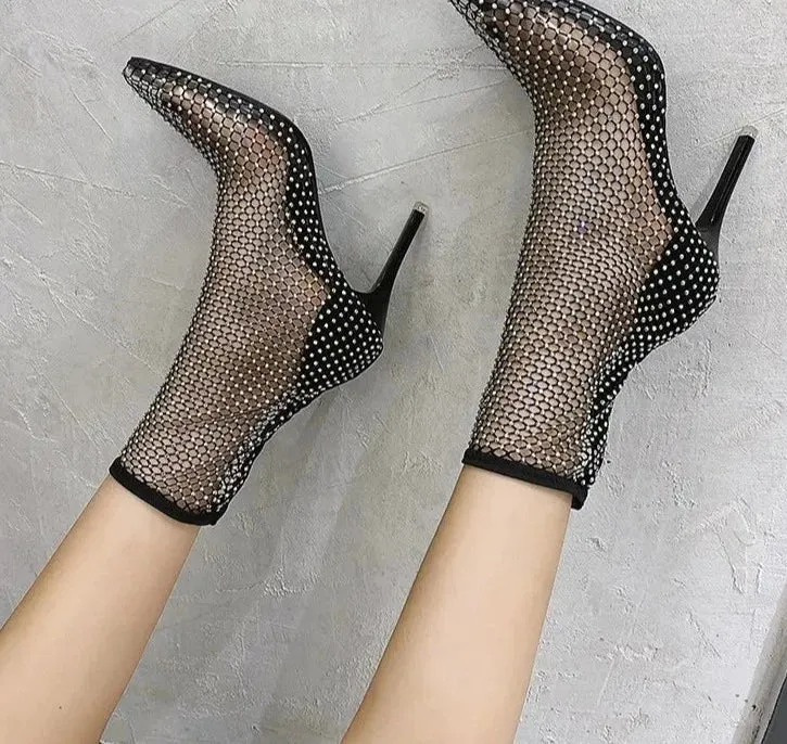 Crystal Air Mesh Pointed Toe High Heels Shoes