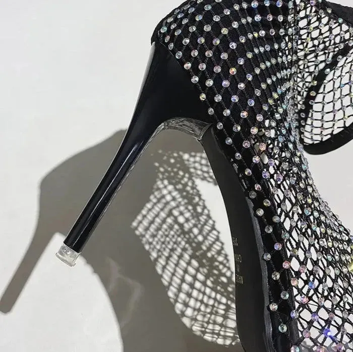 Crystal Air Mesh Pointed Toe High Heels Shoes