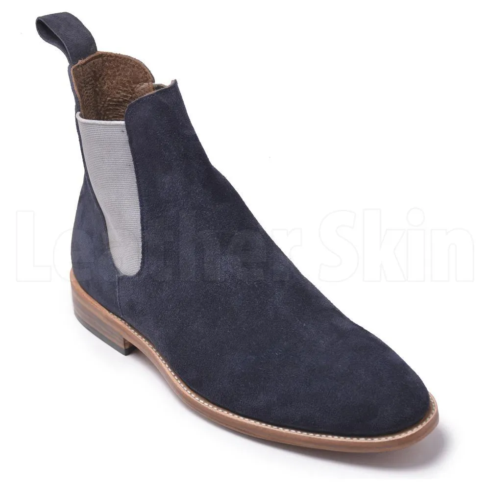Men Blue Chelsea Suede Leather Boots with White Stretch