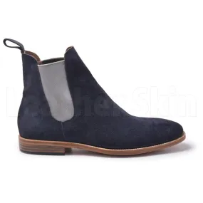 Men Blue Chelsea Suede Leather Boots with White Stretch