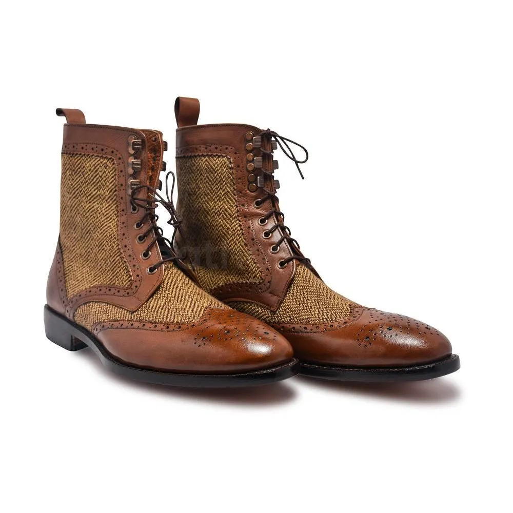 Men Brown Wingtip Brogue Derby Leather Boots