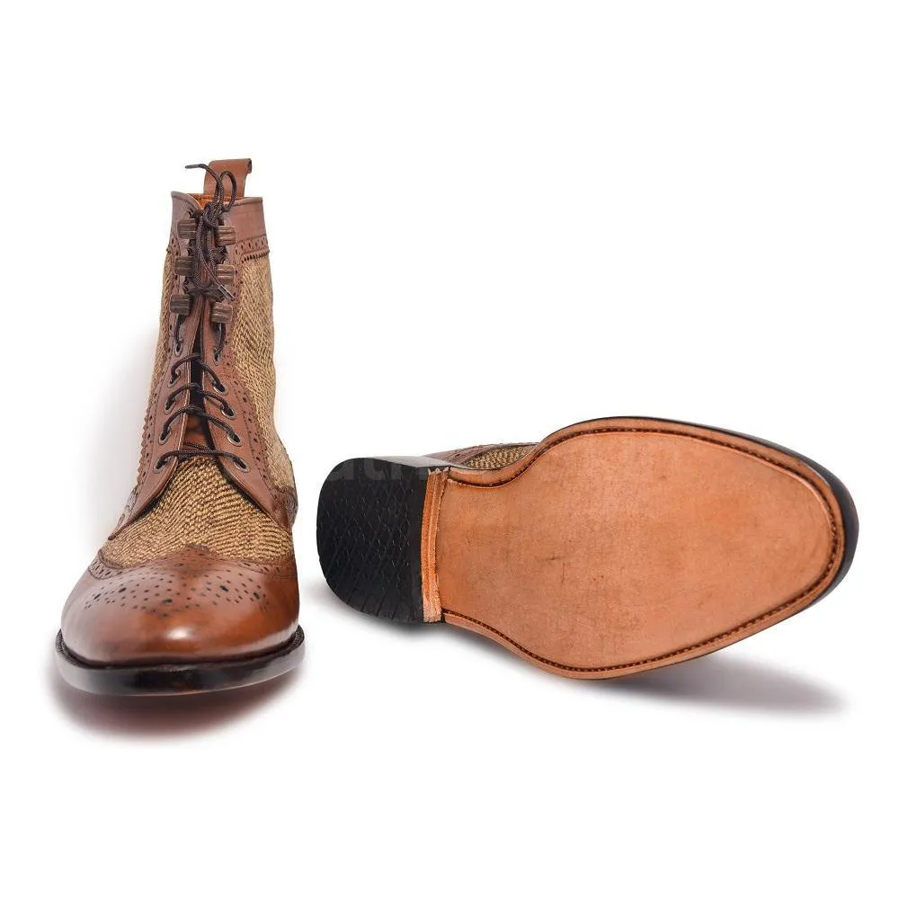 Men Brown Wingtip Brogue Derby Leather Boots