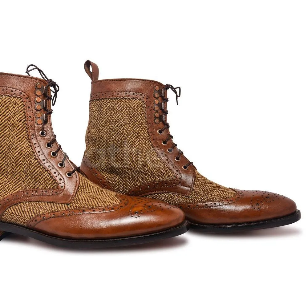 Men Brown Wingtip Brogue Derby Leather Boots