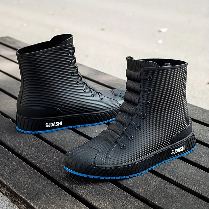 Mens Short High Top Herringbone Rain Boots - Comfy Non Slip Thermal Water Shoes with Synthetic Leather Insole and PVC Sole - Perfect for Outdoor Activities in Spring and Fall Seasons