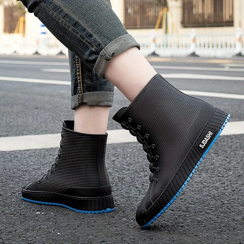 Mens Short High Top Herringbone Rain Boots - Comfy Non Slip Thermal Water Shoes with Synthetic Leather Insole and PVC Sole - Perfect for Outdoor Activities in Spring and Fall Seasons