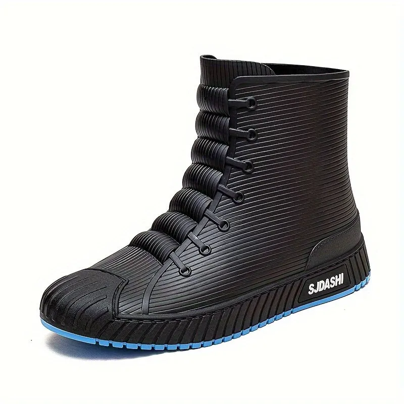 Mens Short High Top Herringbone Rain Boots - Comfy Non Slip Thermal Water Shoes with Synthetic Leather Insole and PVC Sole - Perfect for Outdoor Activities in Spring and Fall Seasons
