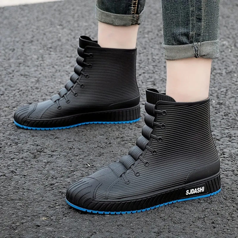 Mens Short High Top Herringbone Rain Boots - Comfy Non Slip Thermal Water Shoes with Synthetic Leather Insole and PVC Sole - Perfect for Outdoor Activities in Spring and Fall Seasons