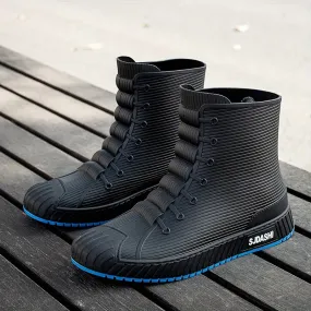 Mens Short High Top Herringbone Rain Boots - Comfy Non Slip Thermal Water Shoes with Synthetic Leather Insole and PVC Sole - Perfect for Outdoor Activities in Spring and Fall Seasons