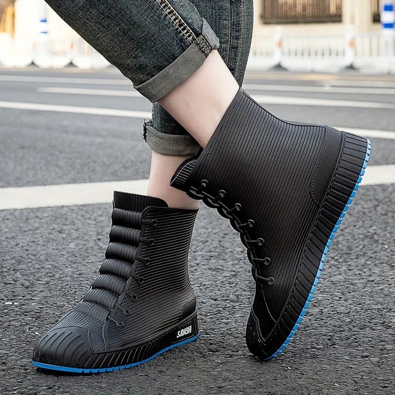Mens Short High Top Herringbone Rain Boots - Comfy Non Slip Thermal Water Shoes with Synthetic Leather Insole and PVC Sole - Perfect for Outdoor Activities in Spring and Fall Seasons