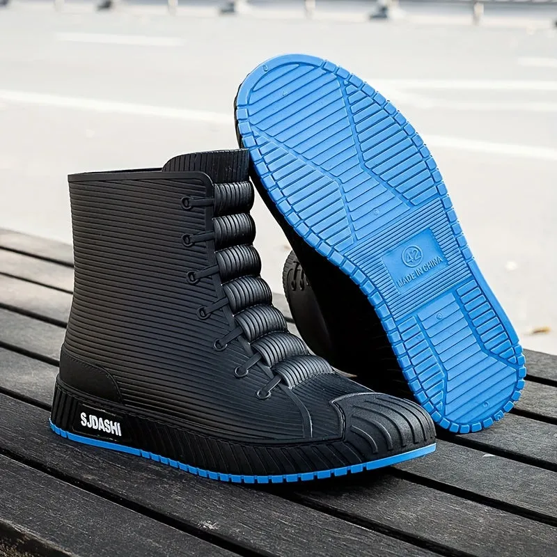 Mens Short High Top Herringbone Rain Boots - Comfy Non Slip Thermal Water Shoes with Synthetic Leather Insole and PVC Sole - Perfect for Outdoor Activities in Spring and Fall Seasons