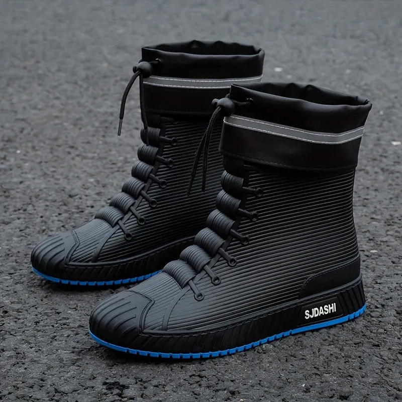 Mens Short High Top Herringbone Rain Boots - Comfy Non Slip Thermal Water Shoes with Synthetic Leather Insole and PVC Sole - Perfect for Outdoor Activities in Spring and Fall Seasons