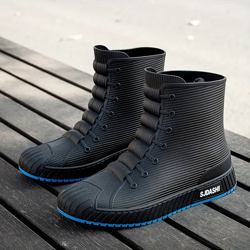 Mens Short High Top Herringbone Rain Boots - Comfy Non Slip Thermal Water Shoes with Synthetic Leather Insole and PVC Sole - Perfect for Outdoor Activities in Spring and Fall Seasons