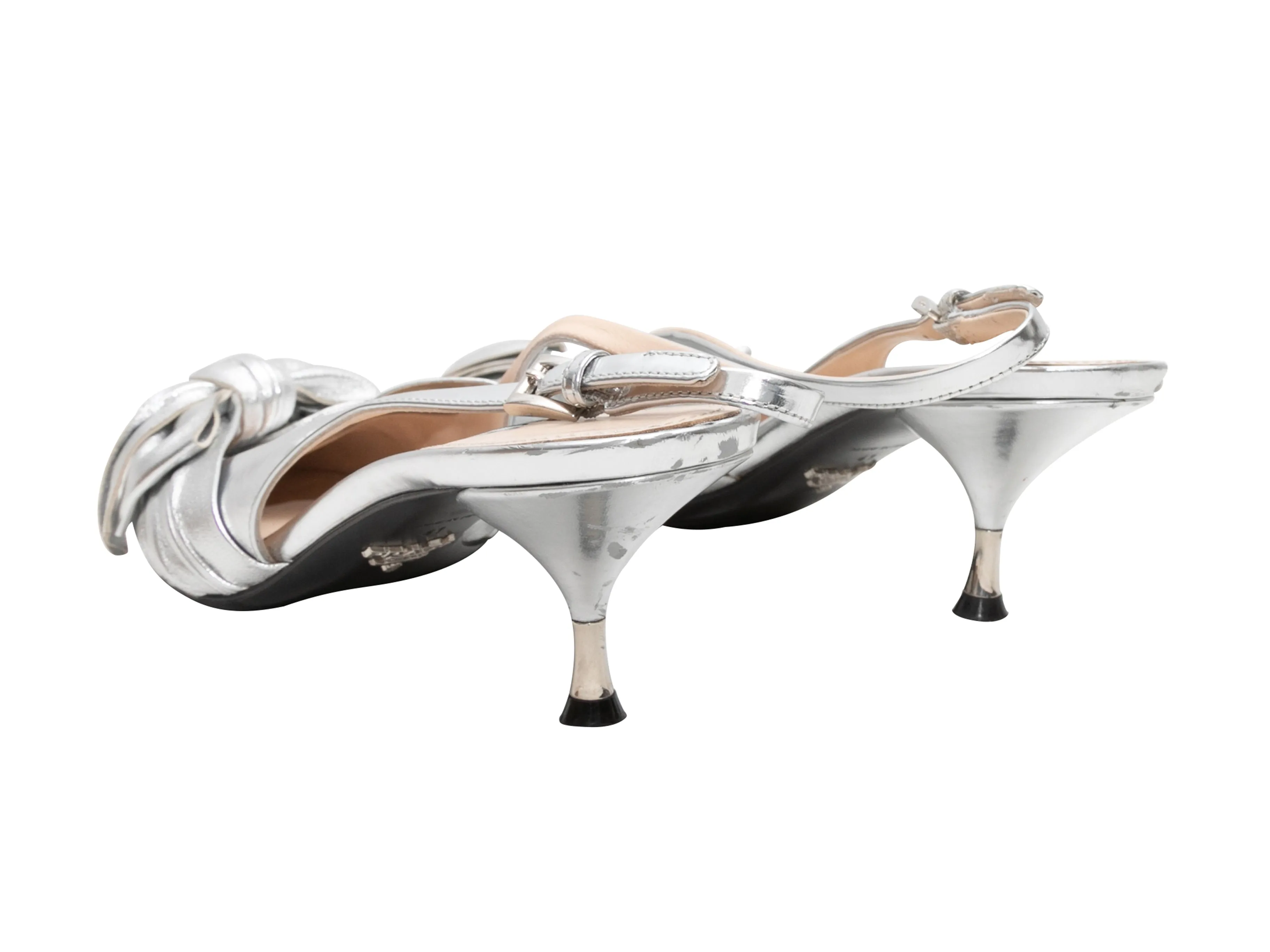 Silver Prada Metallic Pointed-Toe Slingback Heels Size 41
