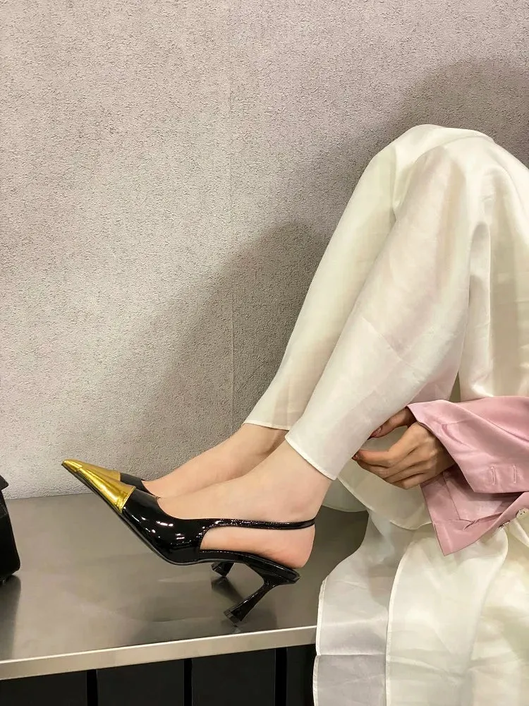 Splicing Pointed Toe Thin Low Heels Mule Shoes