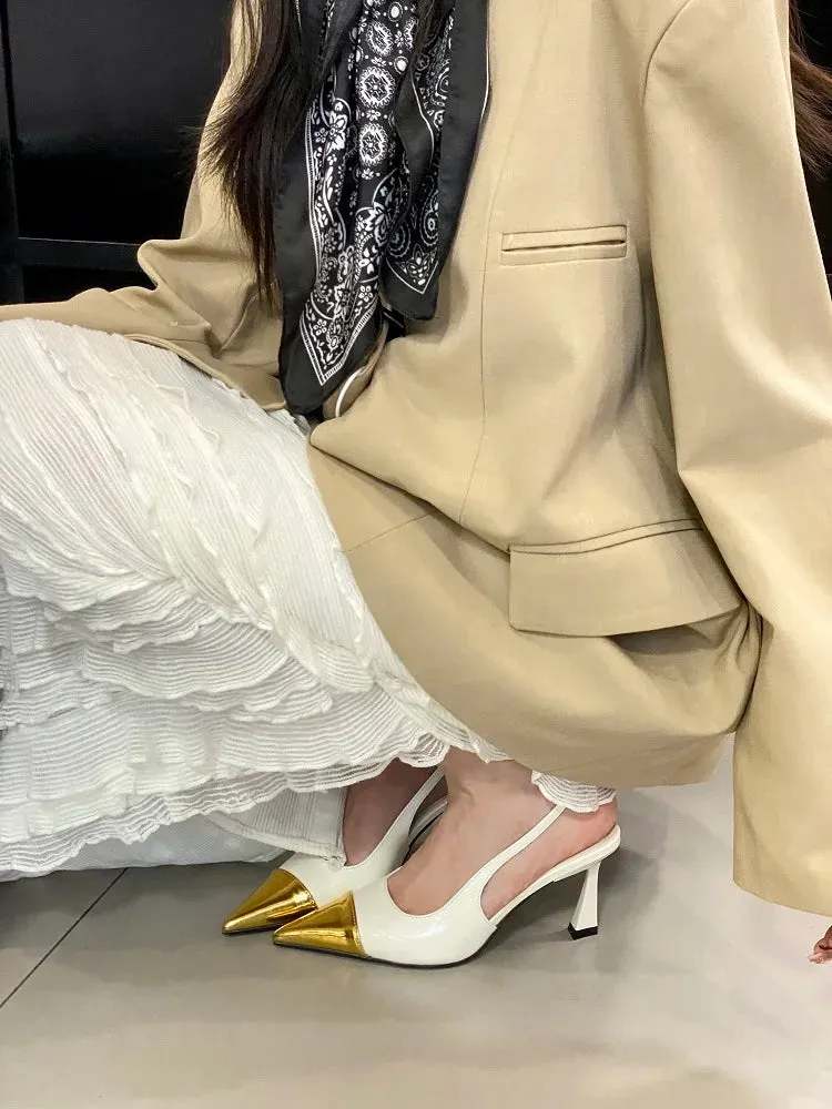 Splicing Pointed Toe Thin Low Heels Mule Shoes