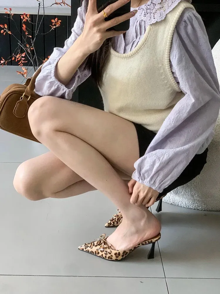 Splicing Pointed Toe Thin Low Heels Mule Shoes