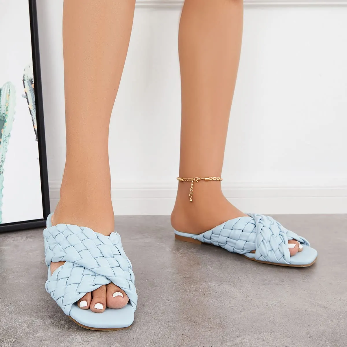 Square Open Toe Sky Blue Braided Cross Band Flat Sandals