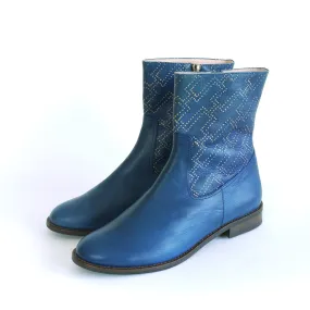 Woman's Ankle Boots.  Indigo dyed leather boots.  SASHIKO