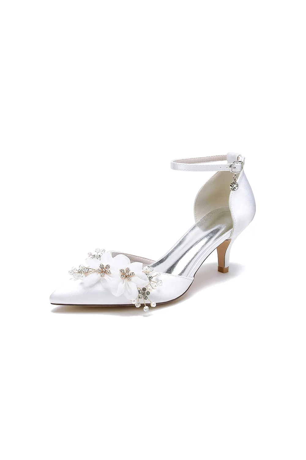 Women's Wedding Shoes Pointed Toe Ankle Strap Stiletto Heels with Rhinestone Flower