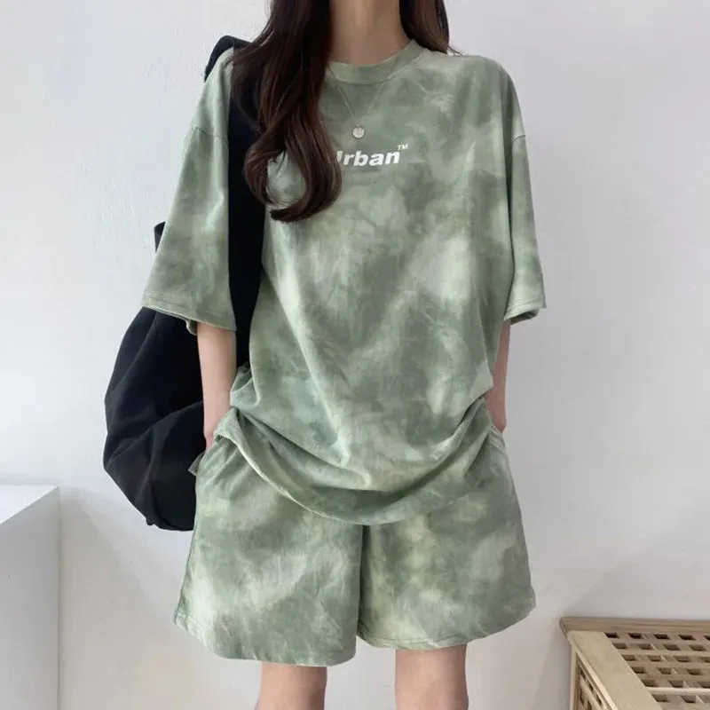 Y2K 2-Teiler für Damen Tie-Dye T-Shirt & Shorts mit Taschen