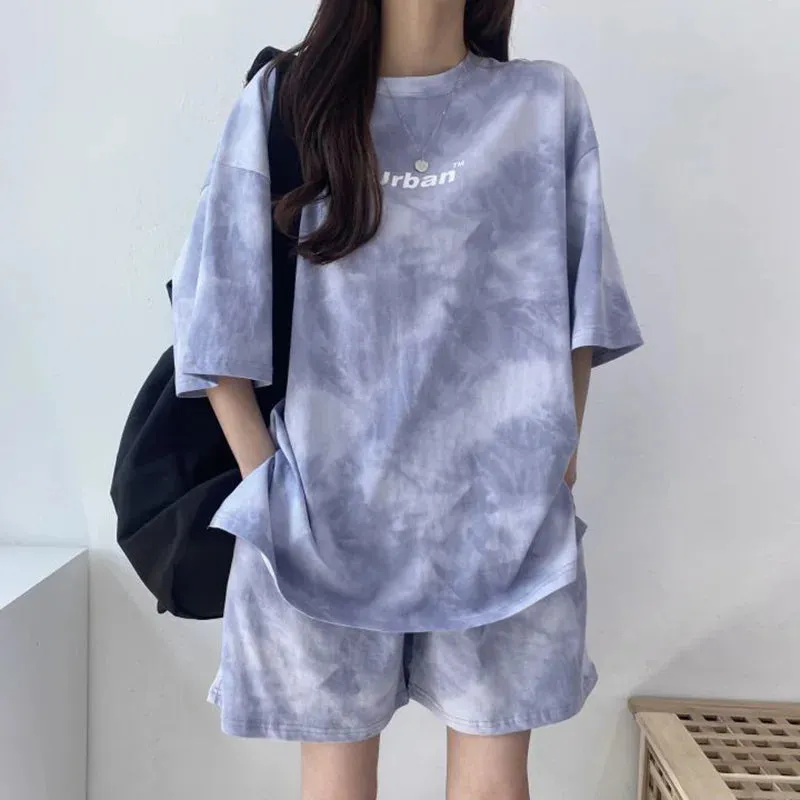 Y2K 2-Teiler für Damen Tie-Dye T-Shirt & Shorts mit Taschen