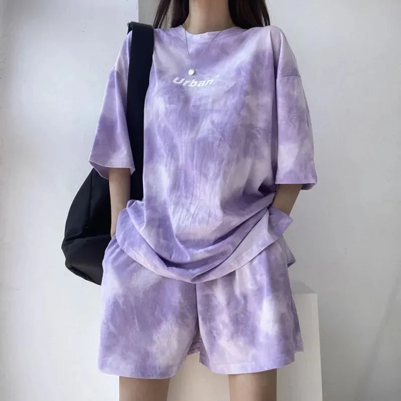 Y2K 2-Teiler für Damen Tie-Dye T-Shirt & Shorts mit Taschen