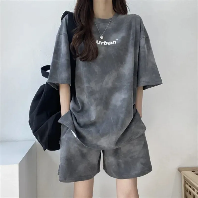 Y2K 2-Teiler für Damen Tie-Dye T-Shirt & Shorts mit Taschen